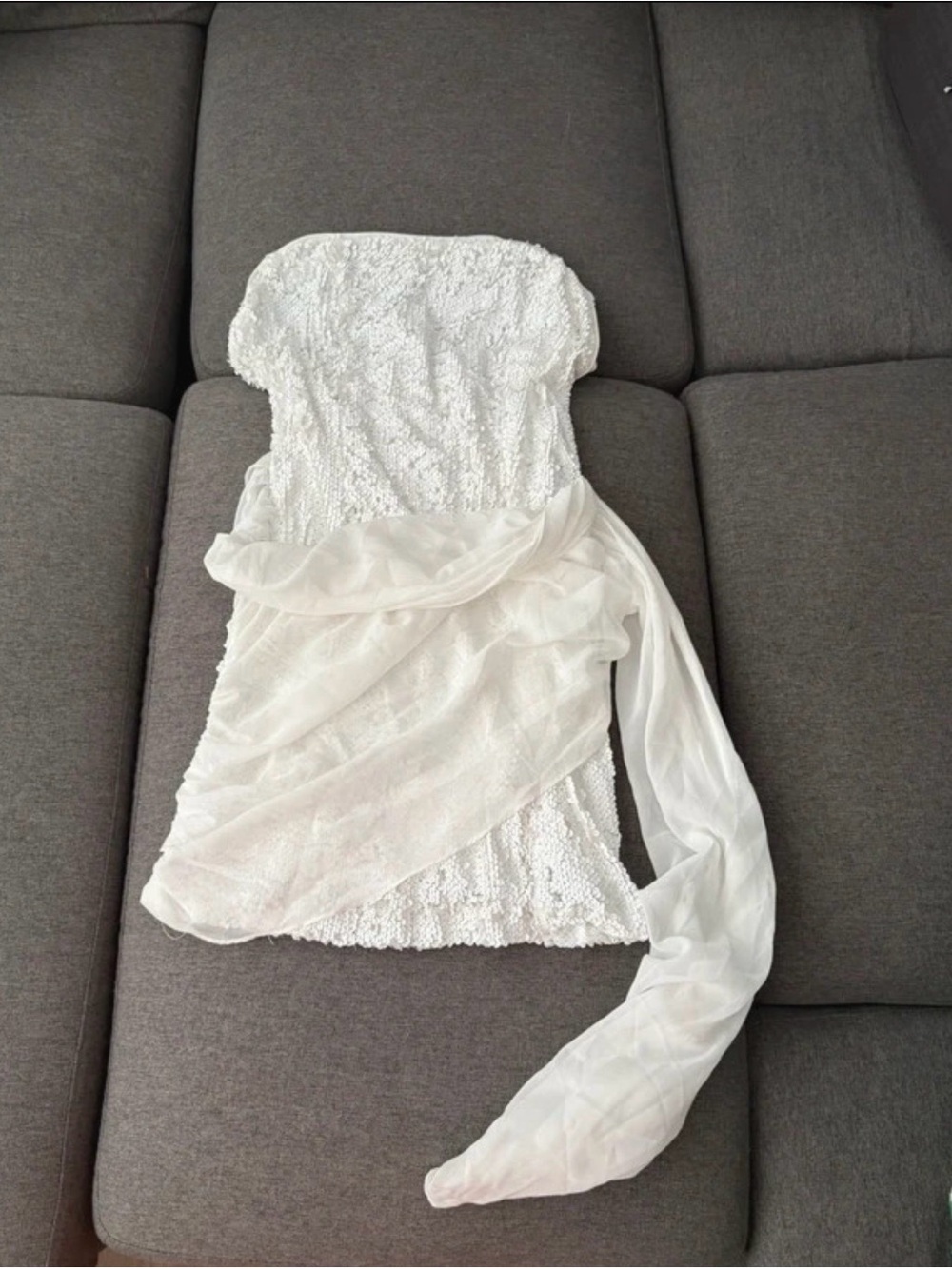 Fashion Nova Strapless White Lace Mini Dress with Sheer Sash